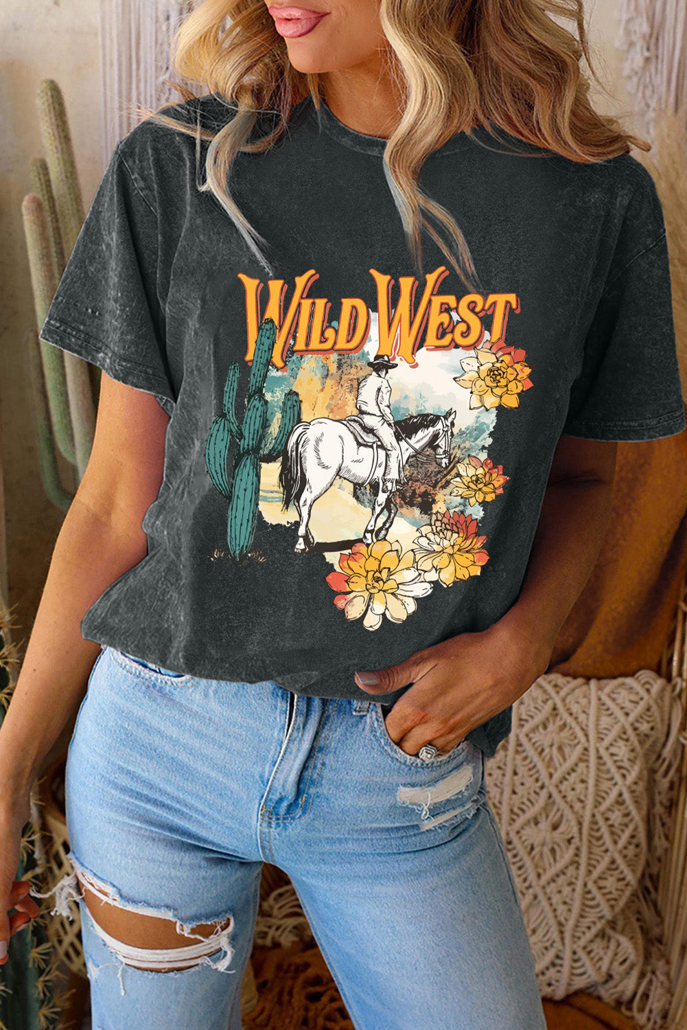 Wild West Graphic Round Neck Short Sleeve T-Shirt - T - 1 COLOR -