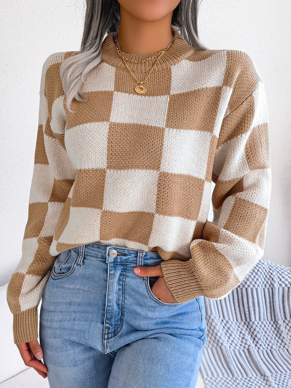 Checkered Mock Neck Long Sleeve Sweater - T - 4 COLORS -