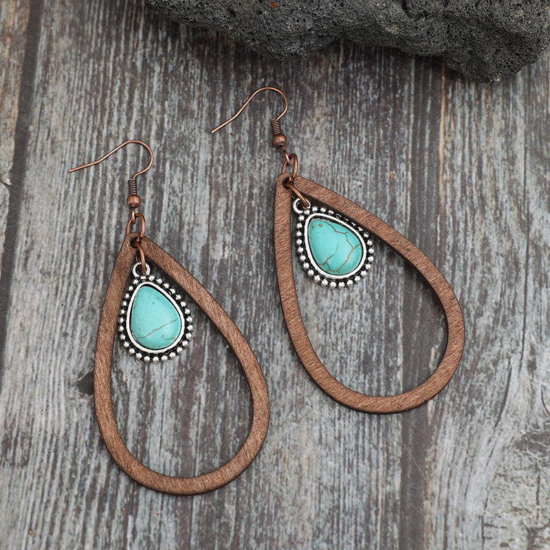 Wooden Turquoise Cutout Teardrop Earrings - T - 1 COLOR -