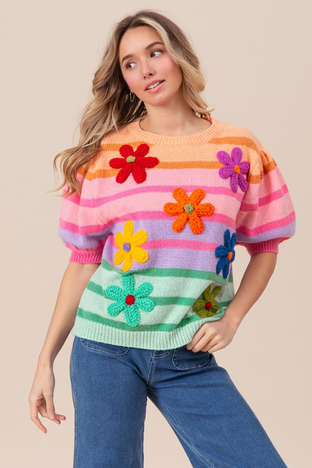 BiBi Flower Patch Puff Sleeve Striped Sweater - T - 1 COLOR -