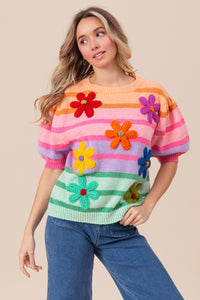 Thumbnail for BiBi Flower Patch Puff Sleeve Striped Sweater - T - 1 COLOR -