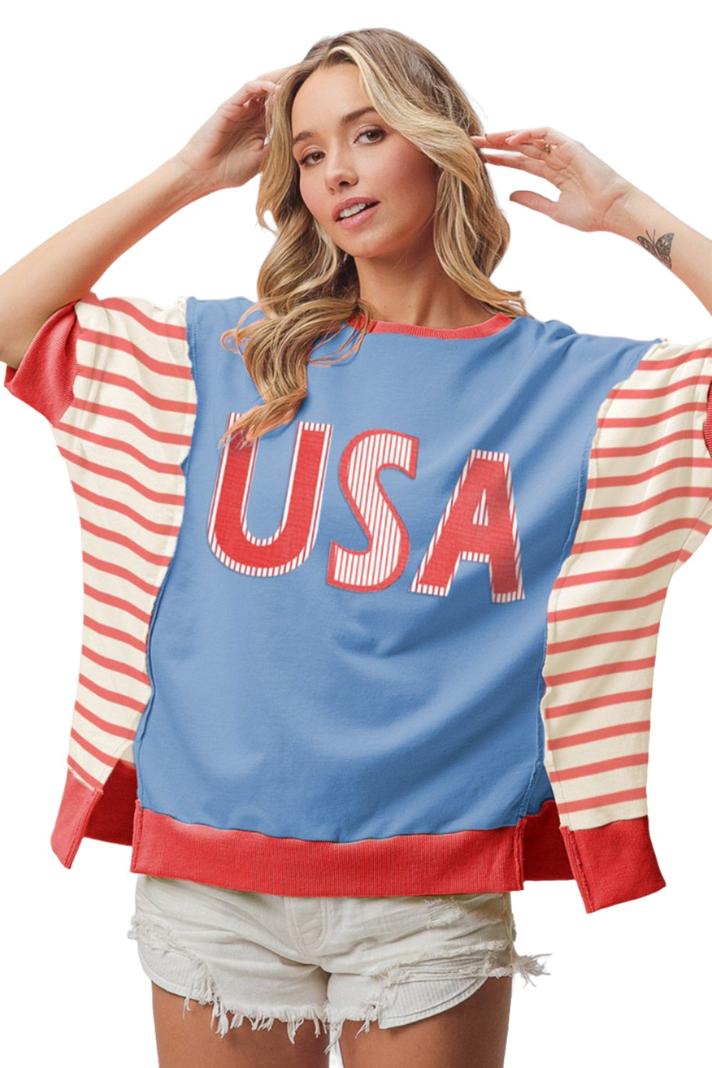 BiBi USA Letter Patchwork Contrast Short Sleeve T-Shirt - T - 1 COLOR -