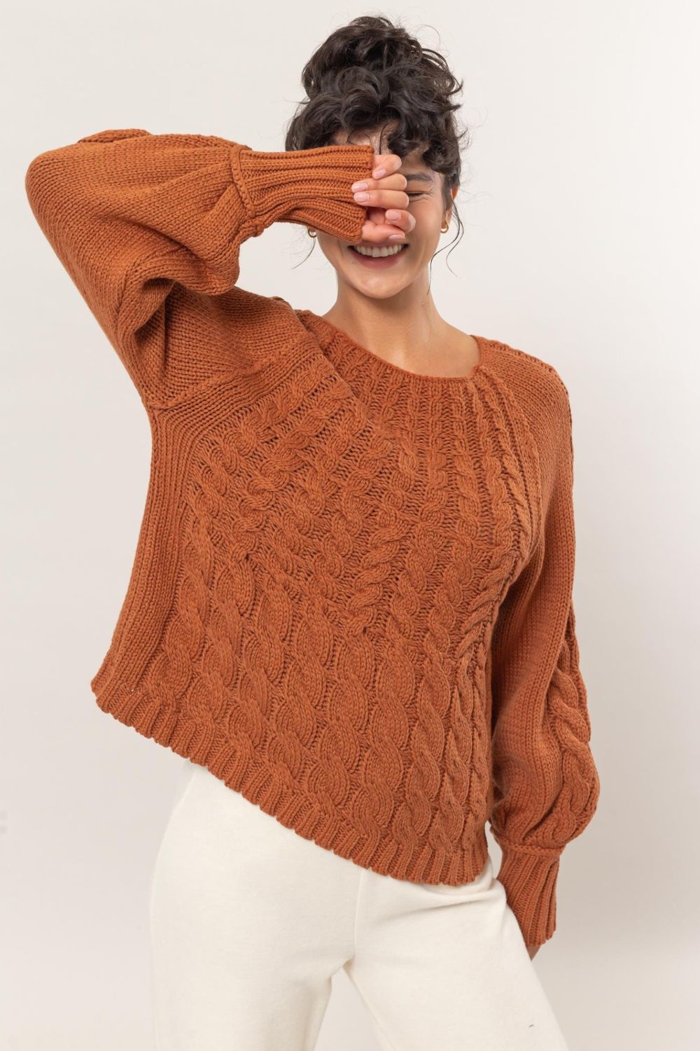 HYFVE Cable-Knit Round Neck Raglan Sleeve Sweater - T - 1 COLOR -