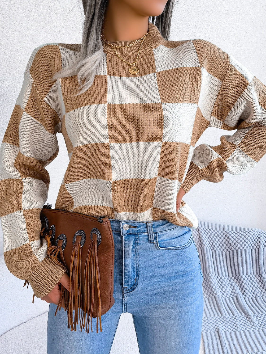 Checkered Mock Neck Long Sleeve Sweater - T - 4 COLORS -