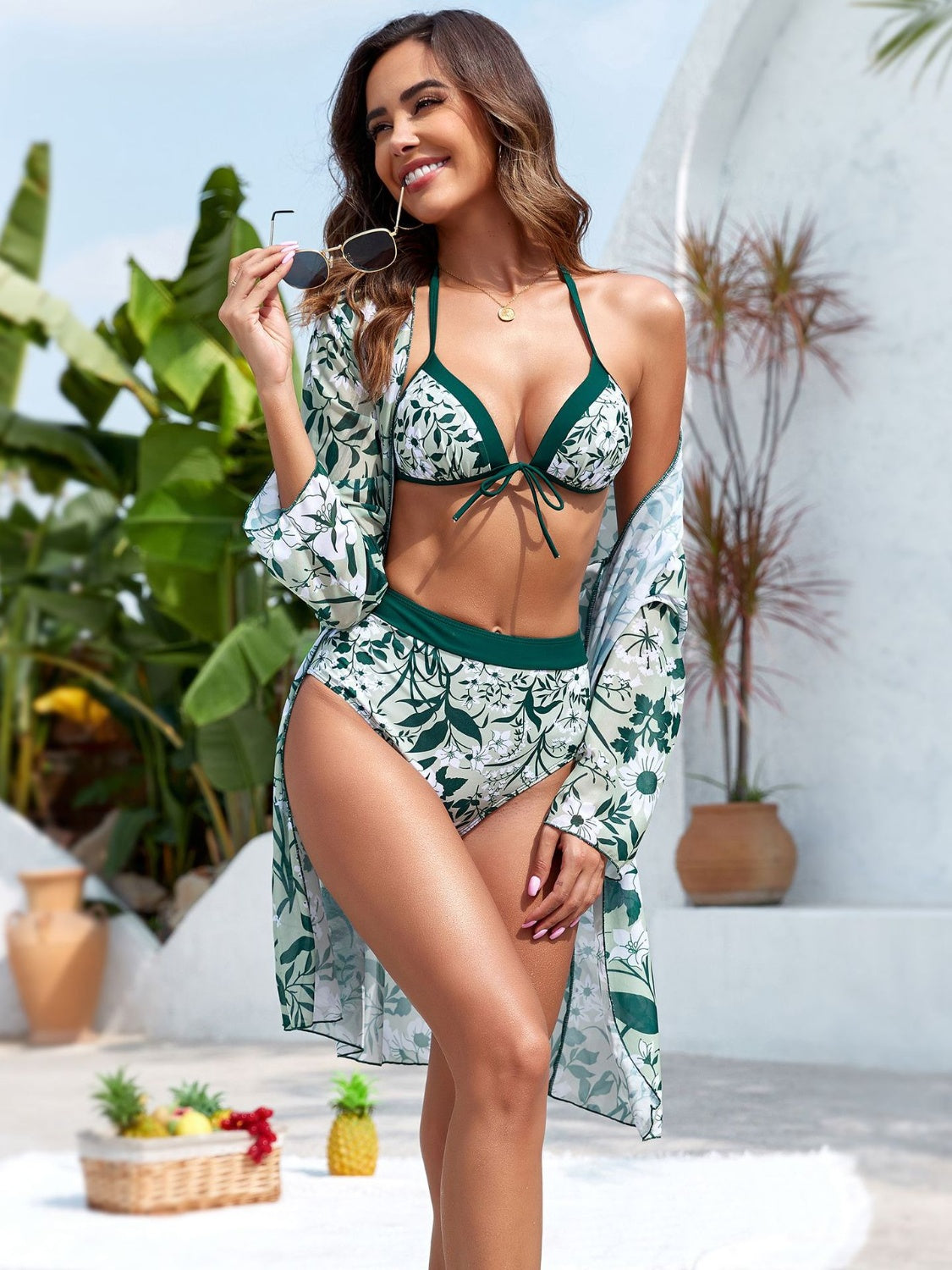 Printed Halter Neck Three-Piece Swim Set - 3 PCS. - T - 4 COLORS -