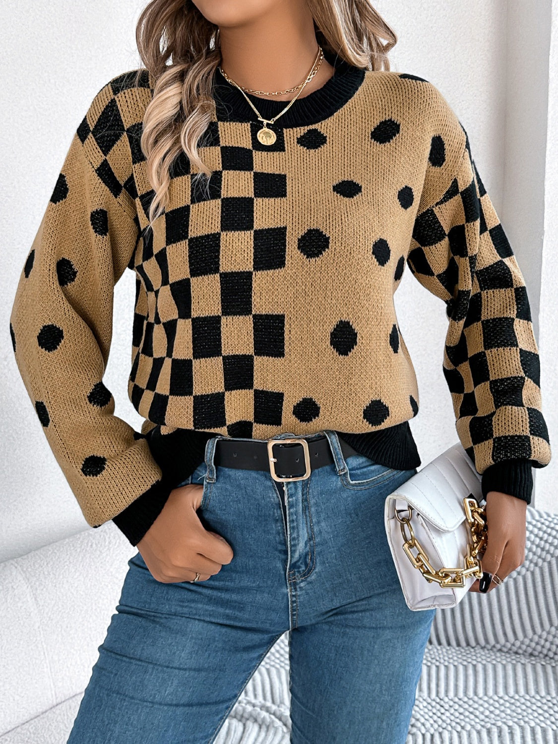 Plaid Round Neck Long Sleeve Sweater - T - 3 COLORS -