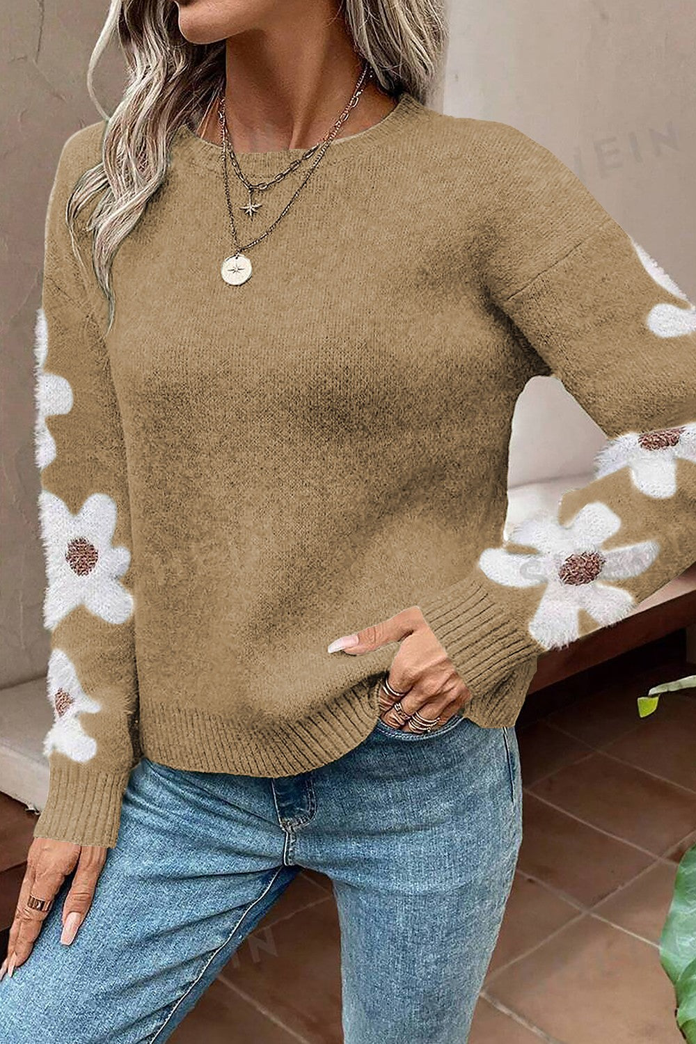 Flower Round Neck Long Sleeve Sweater - T - 5 COLORS -