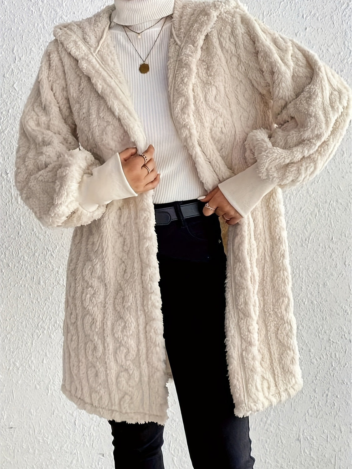 Open Front Long Sleeve Fuzzy Hooded Jacket - T - 1 COLOR -