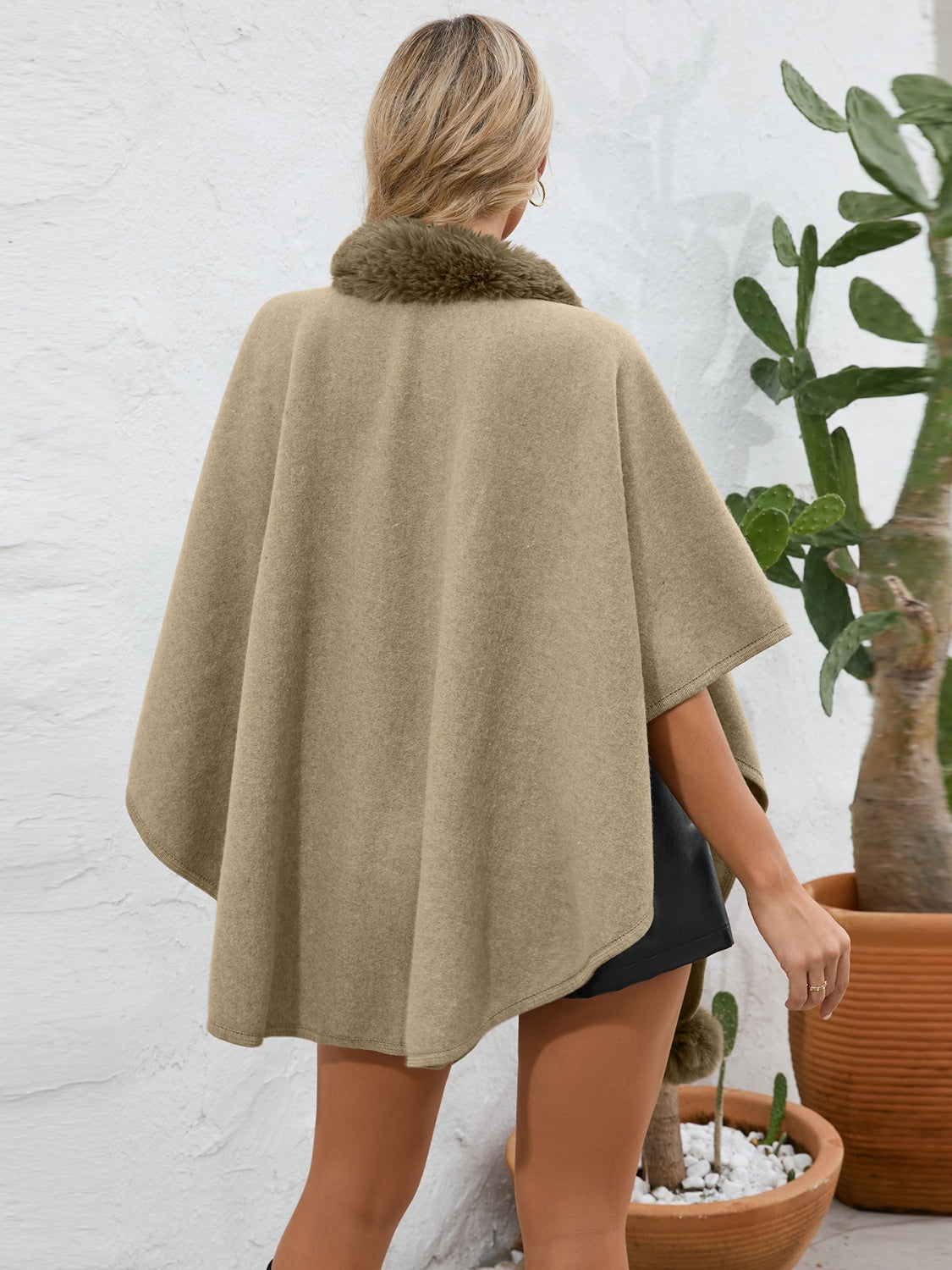 Fuzzy Trim Open Front Poncho - ONE SIZE - T - 6 COLORS -