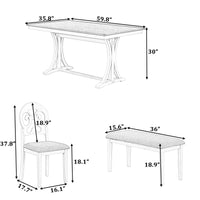 Thumbnail for Mid-Century 6-Piece Trestle Table Set With Victorian Round Upholstered Dining Chairs and Long Bench, Gray+Antique White