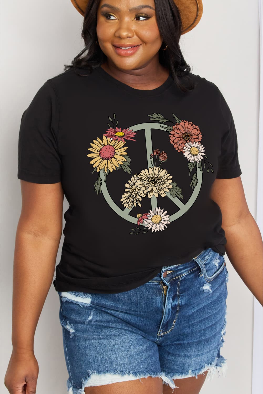 Simply Love Full Size Flower Peace sign Graphic Cotton Tee - T - 2 COLORS -