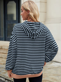 Thumbnail for Drawstring Contrast Striped Long Sleeve Hoodie - T - 5 COLORS -