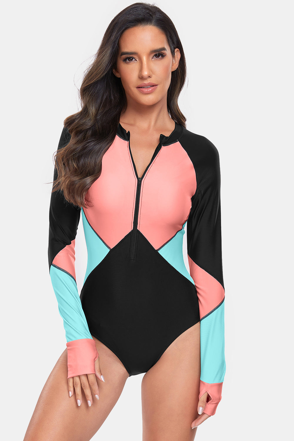 Color Block Half Zip Long Sleeve One-Piece Swimwear - T - 1 COLOR -