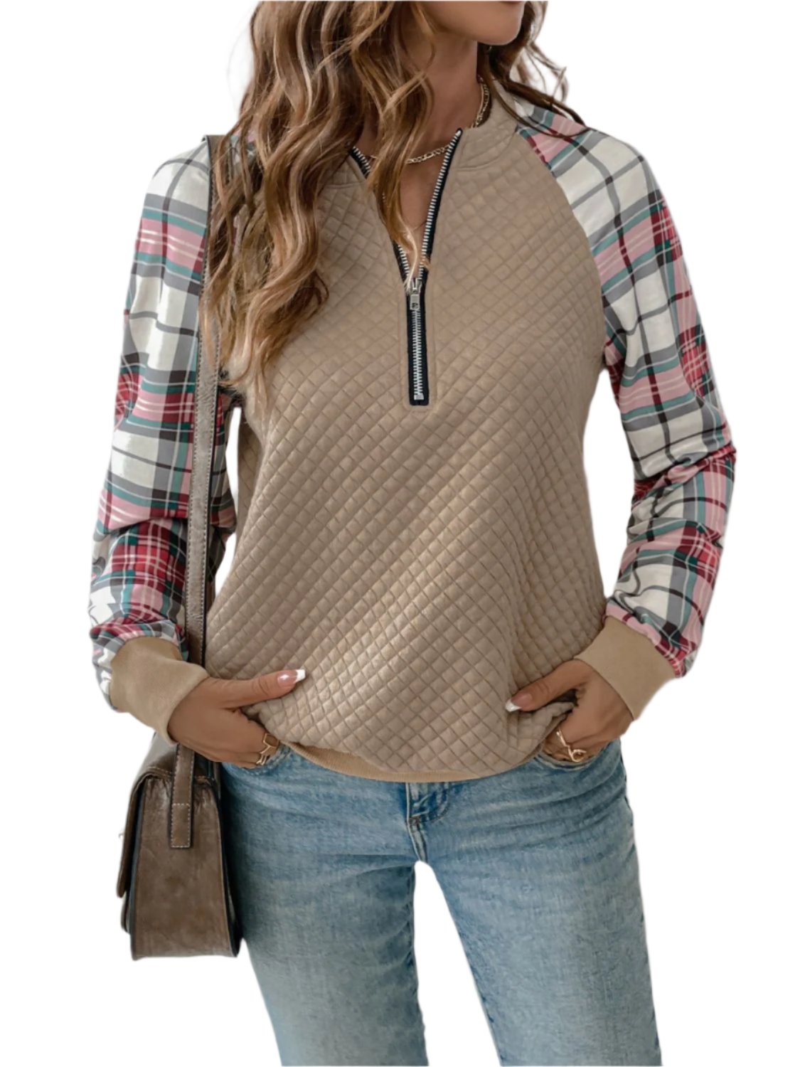 Perfee Plaid Half Zip Long Sleeve Texture Sweatshirt - T - 1 COLOR -