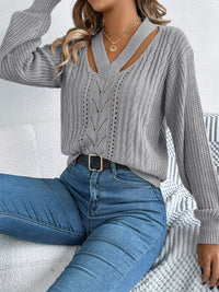 Thumbnail for Cutout V-Neck Long Sleeve Sweater - T - 3 COLORS -