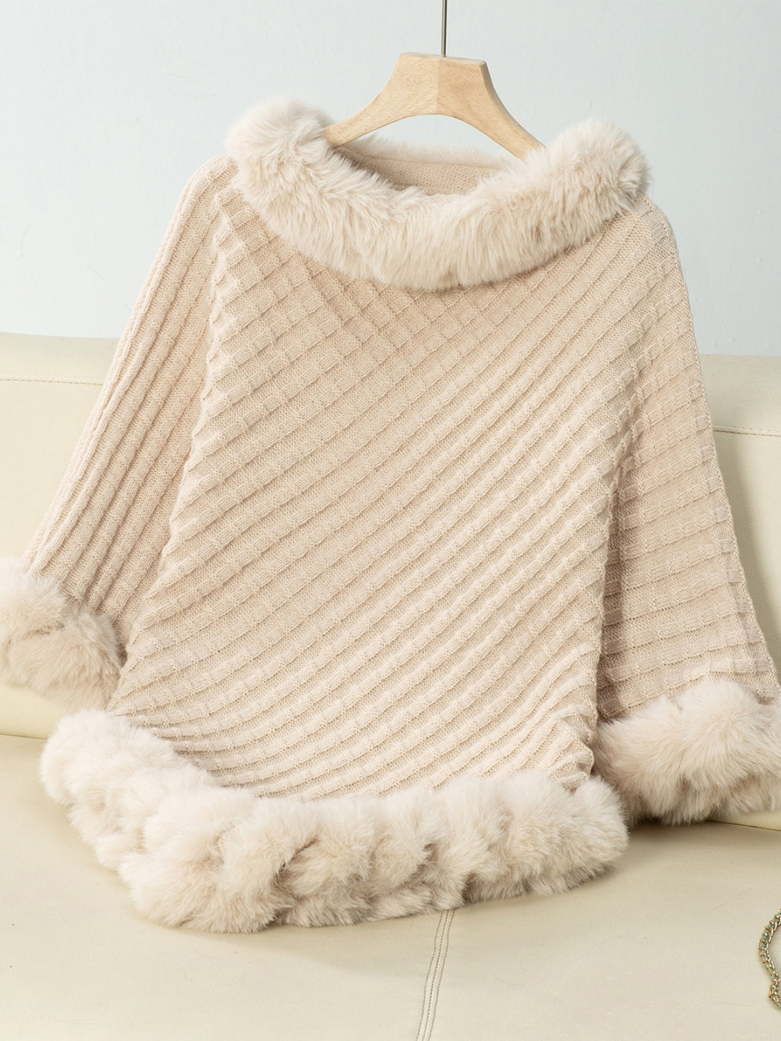 Fuzzy Trim Texture Three-Quarter Sleeve Poncho - 1 SIZE - T - 6 COLORS -