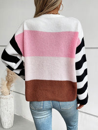 Thumbnail for Color Block Round Neck Long Sleeve Sweater - T - 2 COLORS -