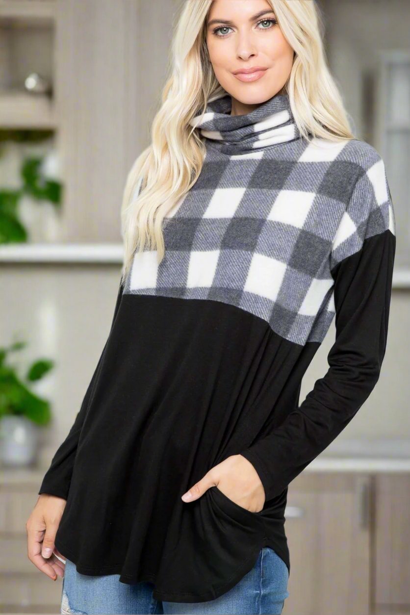 Celeste Pocketed Plaid Turtleneck Long Sleeve Blouse - T - 1 COLOR -