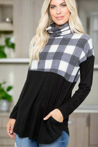 Thumbnail for Celeste Pocketed Plaid Turtleneck Long Sleeve Blouse - T - 1 COLOR -