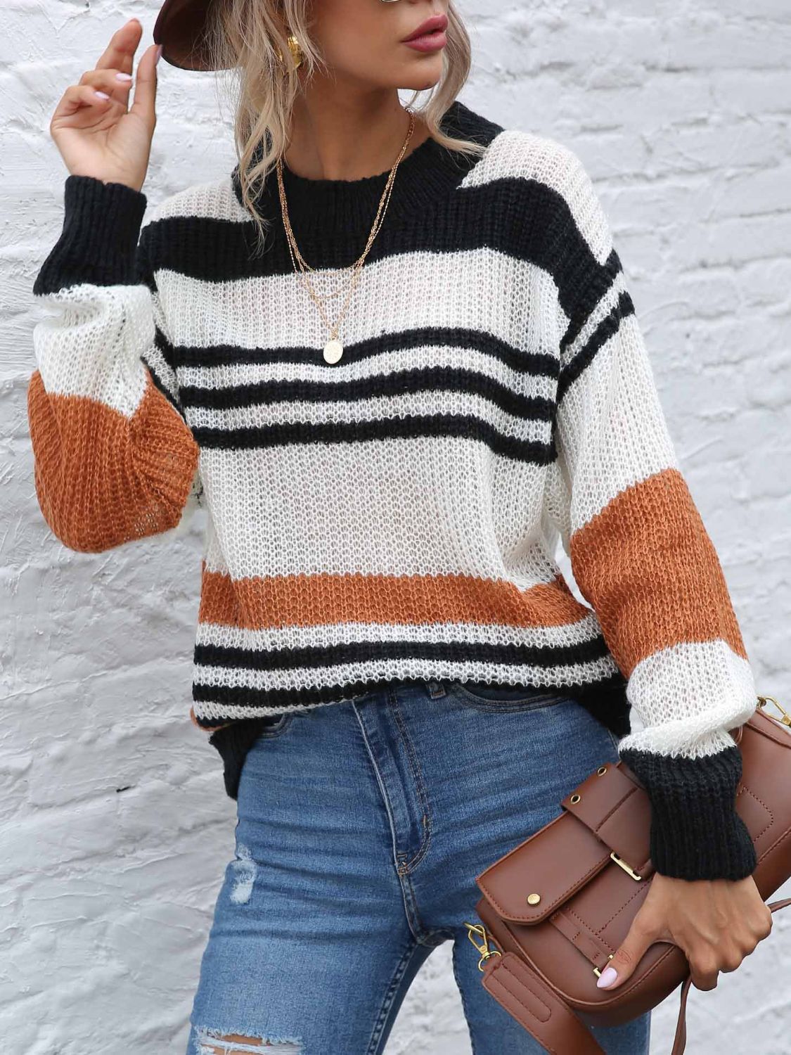 Contrast Striped Round Neck Long Sleeve Sweater - T - 1 COLOR -