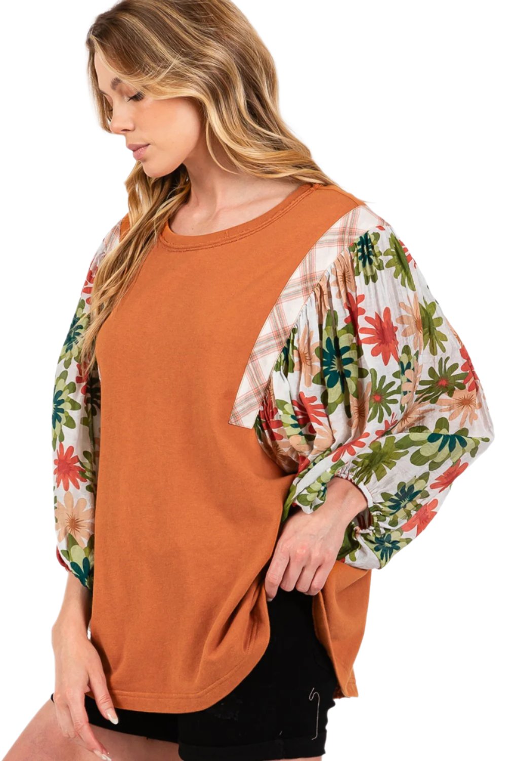 SAGE + FIG Full Size Printed Balloon Sleeve Contrast Top  - SIZES S THRU 3XL - T - 1 COLOR -