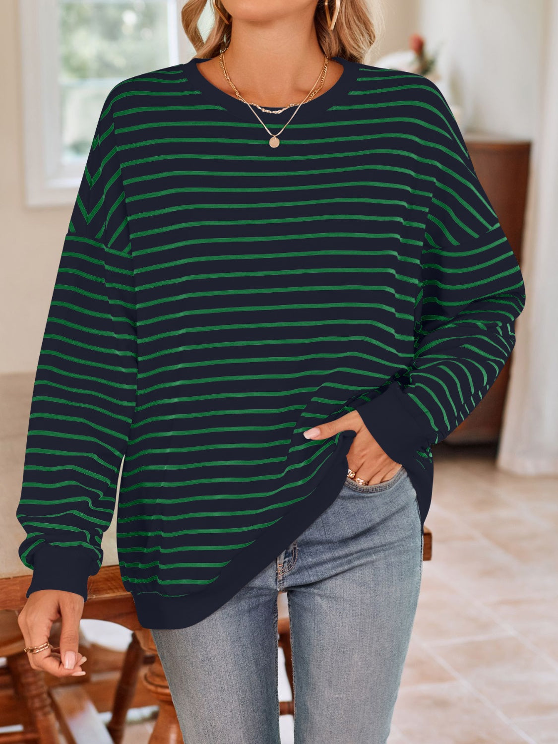 Striped Round Neck Long Sleeve Sweatshirt - T - 6 COLORS -