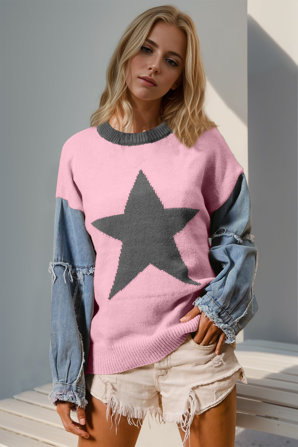 Double Take Star Pattern Raw Edge Long Sleeve Sweater - T - 10 COLORS -