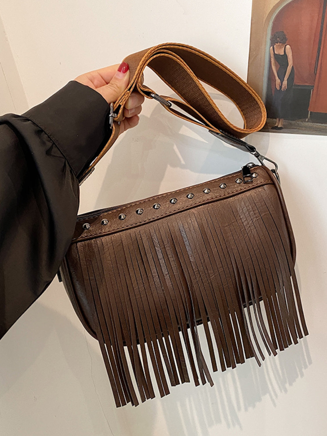 Faux Leather Fringe Studded Crossbody Bag - T - 3 COLORS -