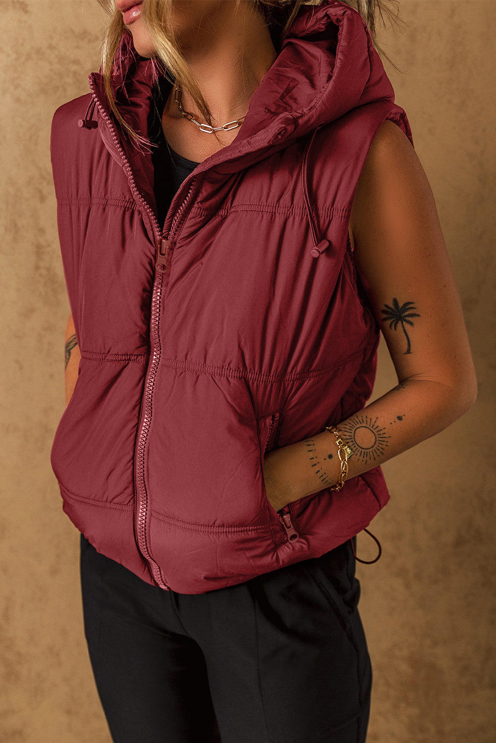 Drawstring Zip Up Hooded Vest Jacket - T - 1 COLOR -