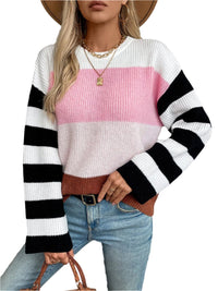 Thumbnail for Color Block Round Neck Long Sleeve Sweater - T - 2 COLORS -