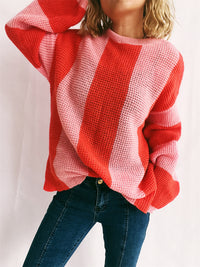 Thumbnail for Color Block Round Neck Long Sleeve Sweater - T - 2 COLORS -