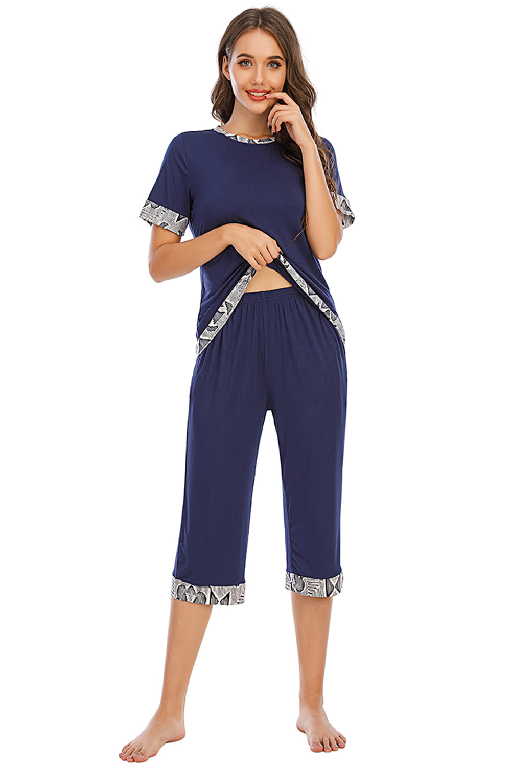 Round Neck Short Sleeve Top and Capris Pants Lounge Set - 2 PCS. - T - 3 COLORS -