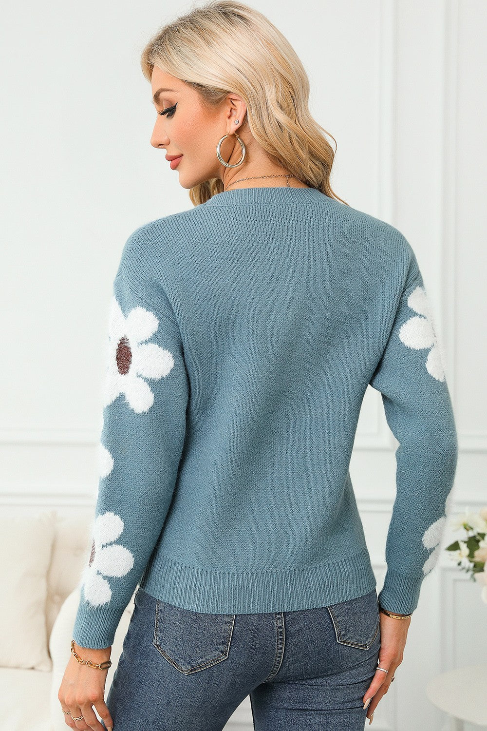 Flower Round Neck Long Sleeve Sweater - T - 5 COLORS -