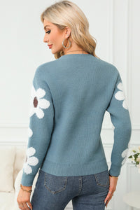 Thumbnail for Flower Round Neck Long Sleeve Sweater - T - 5 COLORS -