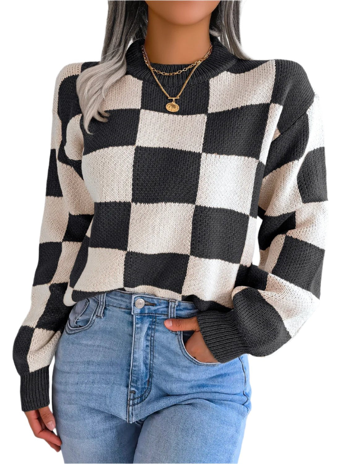 Checkered Mock Neck Long Sleeve Sweater - T - 4 COLORS -