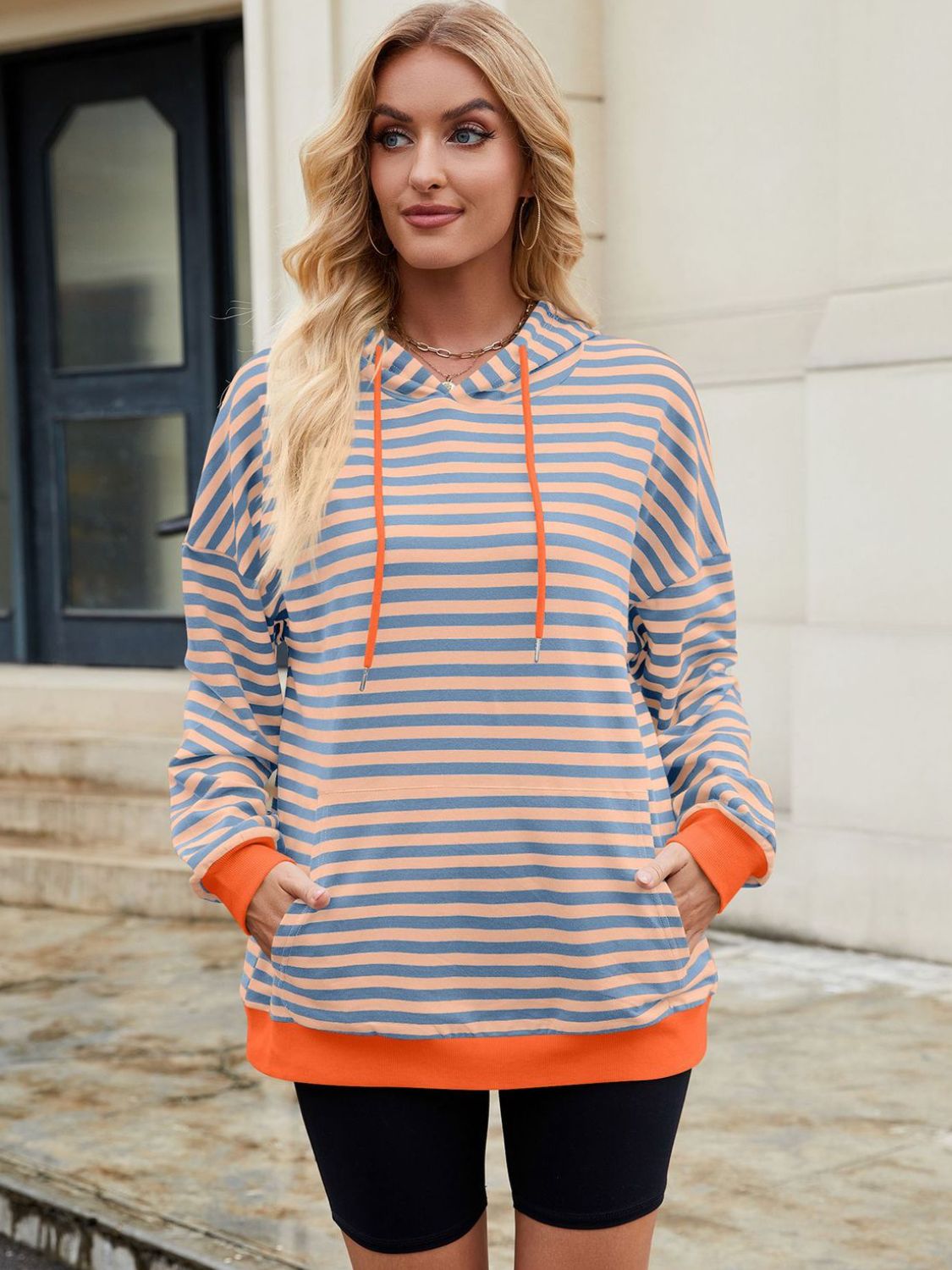 Drawstring Contrast Striped Long Sleeve Hoodie - T - 5 COLORS -