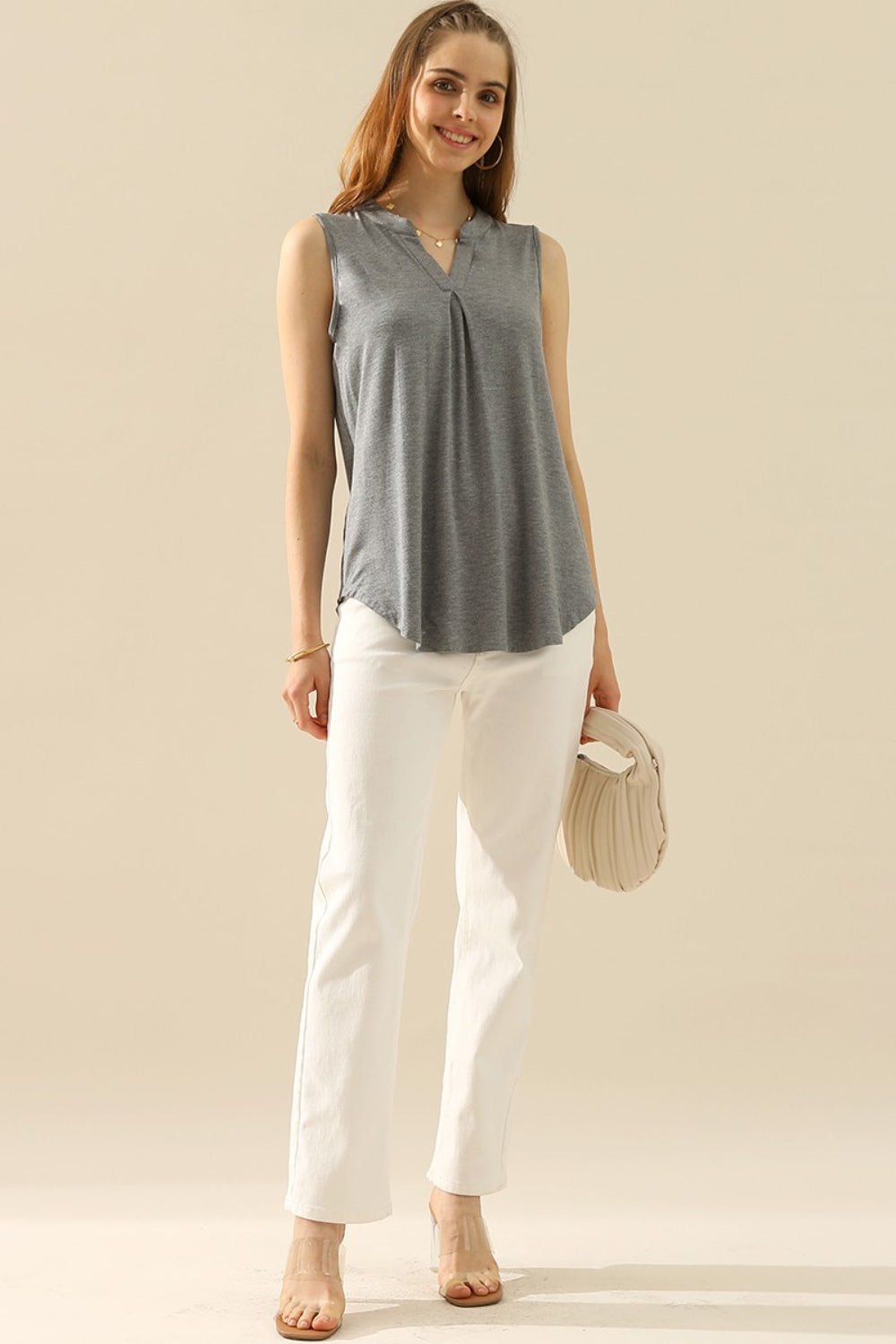 Ninexis Full Size Notched Sleeveless Top - T - 10 COLORS -