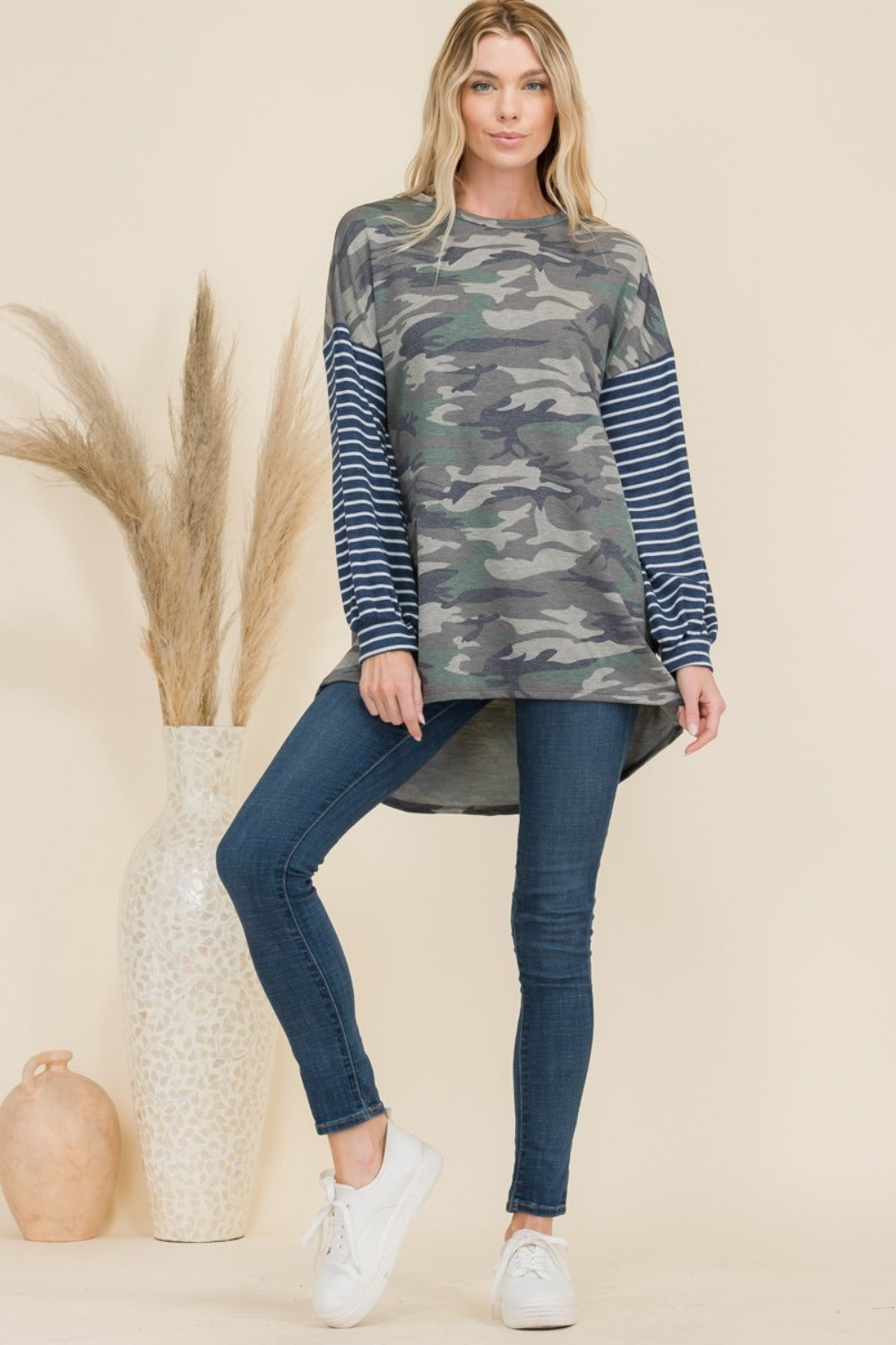 Celeste Full Size Camo Print High-Low T-Shirt with Stripe Sleeves - T - 1 COLOR -