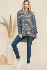 Thumbnail for Celeste Full Size Camo Print High-Low T-Shirt with Stripe Sleeves - T - 1 COLOR -