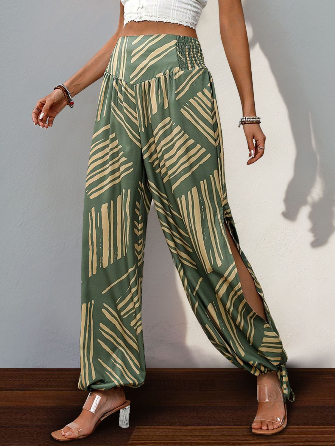 Smocked Slit Printed High Waist Pants - T - 1 COLOR -