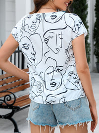 Thumbnail for Line Drawing Print Notched Short Sleeve Blouse - T - 1 COLOR -