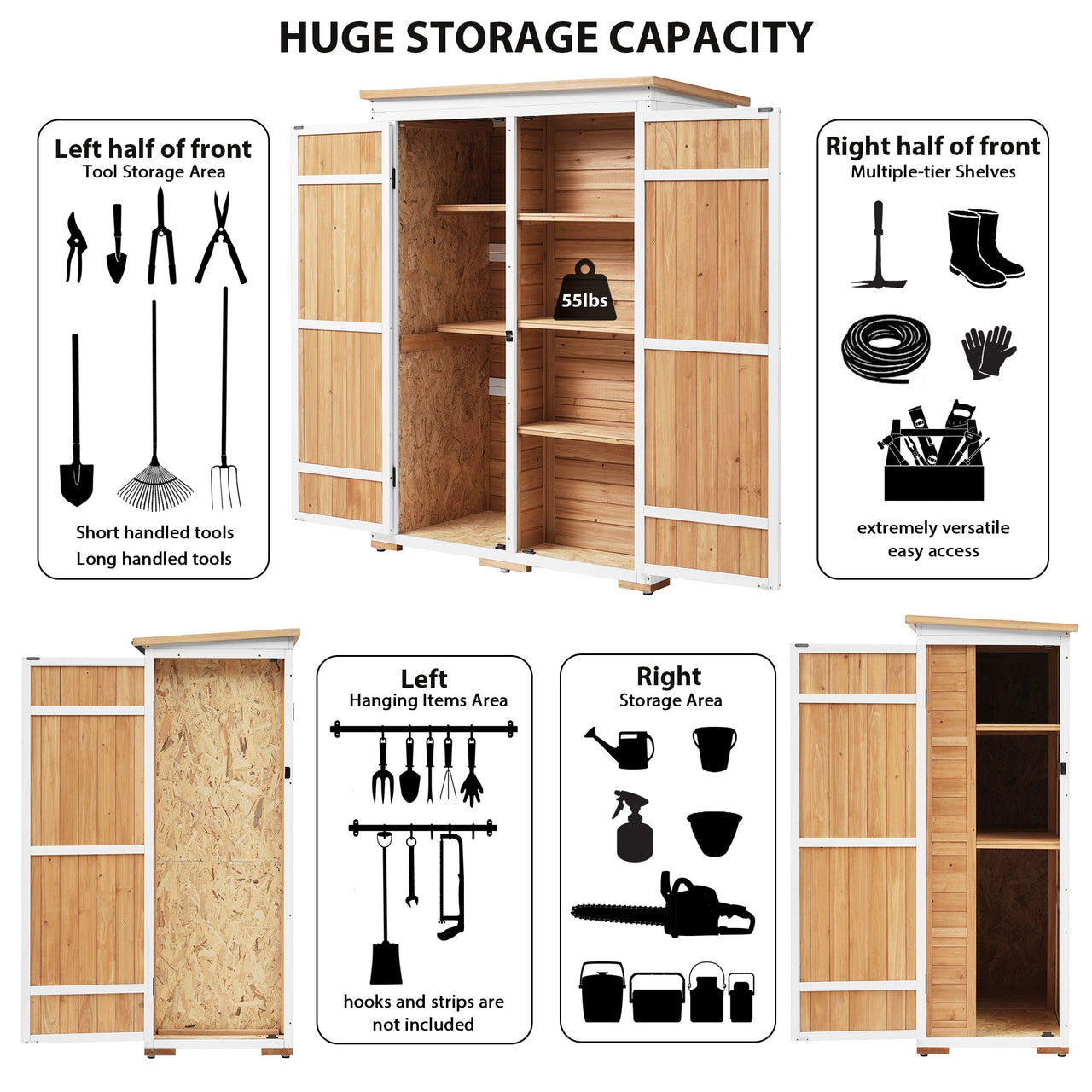 Outdoor 5.5ft Hx4.1ft L Wood Storage Shed, Garden Tool Cabinet With Waterproof Asphalt Roof, Four Lockable Doors, Multip