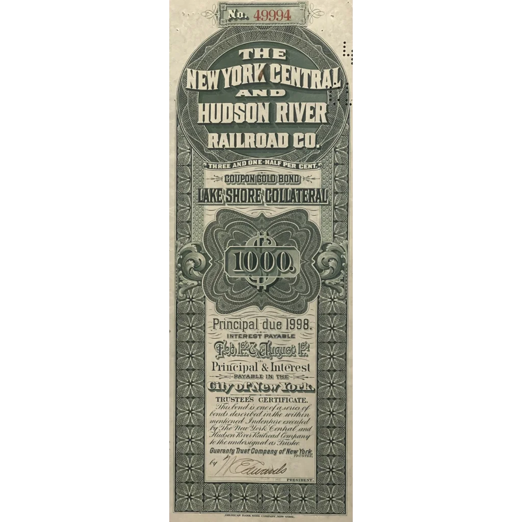 Antique 1898 New York Central and Hudson River Railroad Co. Gold Bond Certificate