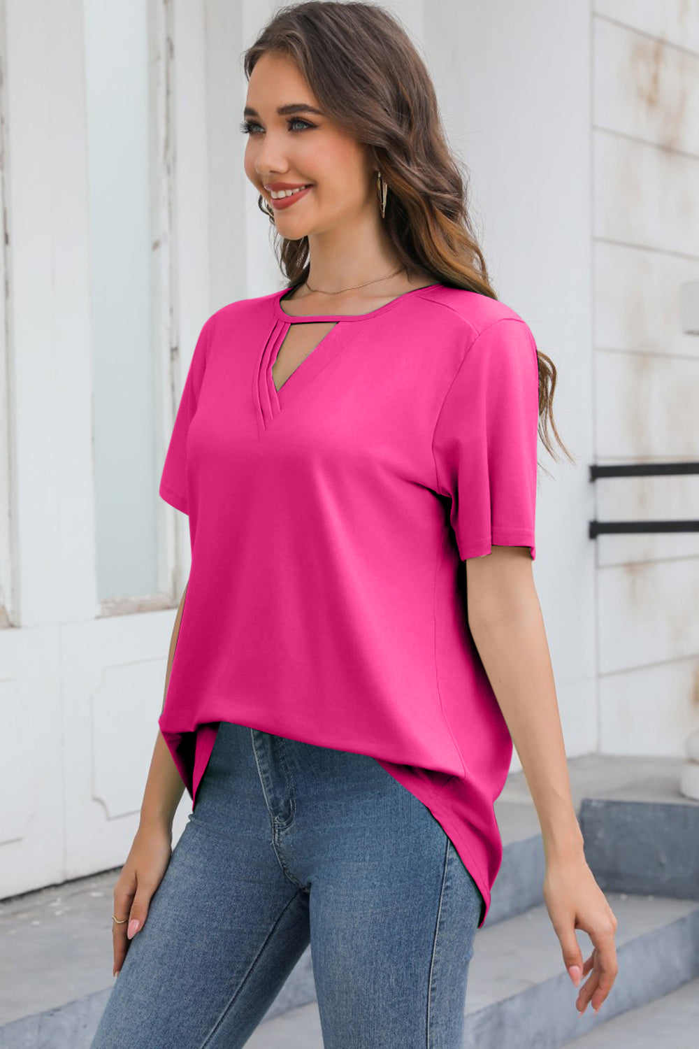 Cutout V-Neck Short Sleeve T-Shirt - T - 5 COLORS -