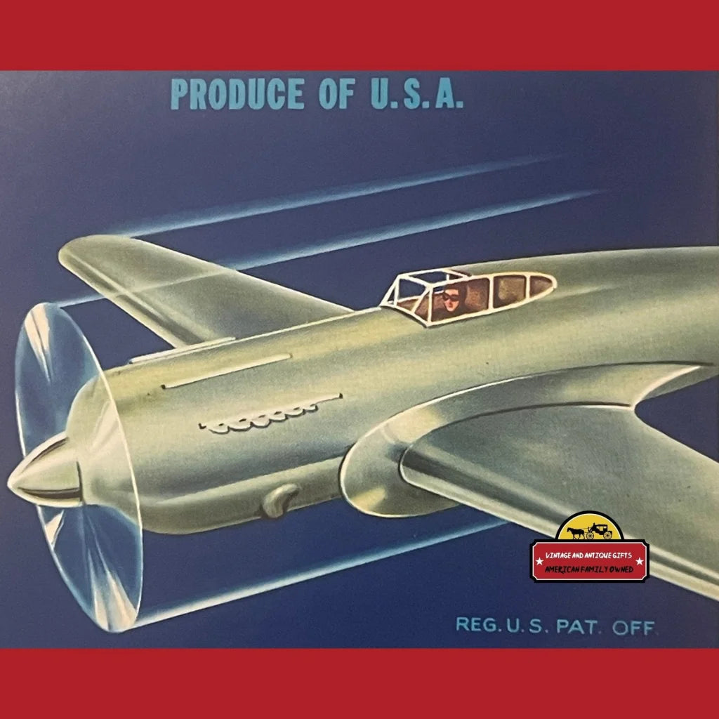 Vintage Pursuit Crate Label, Exeter, Ca 1940s, P-51 Mustang, Patriotic