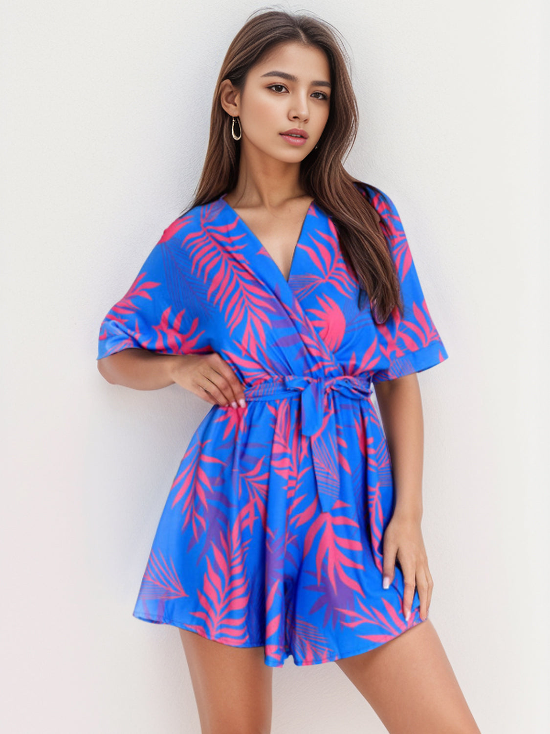 Printed Surplice Half Sleeve Romper - T - 2 COLORS -