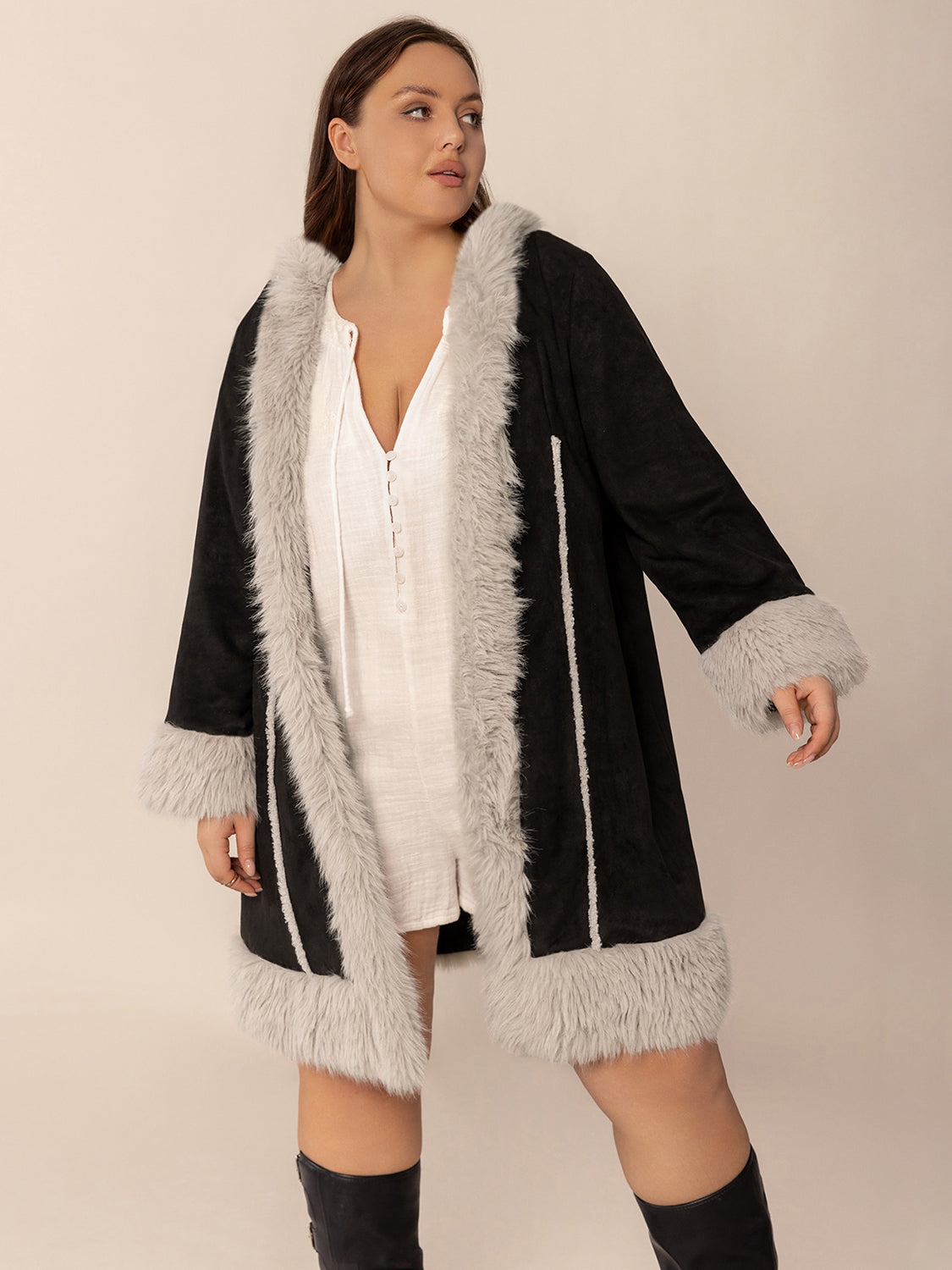 Plus Size Fuzzy Trim Open Front Long Sleeve Hooded Coat - 1XL THRU 4XL ONLY - T - 1 COLOR