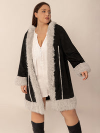 Thumbnail for Plus Size Fuzzy Trim Open Front Long Sleeve Hooded Coat - 1XL THRU 4XL ONLY - T - 1 COLOR