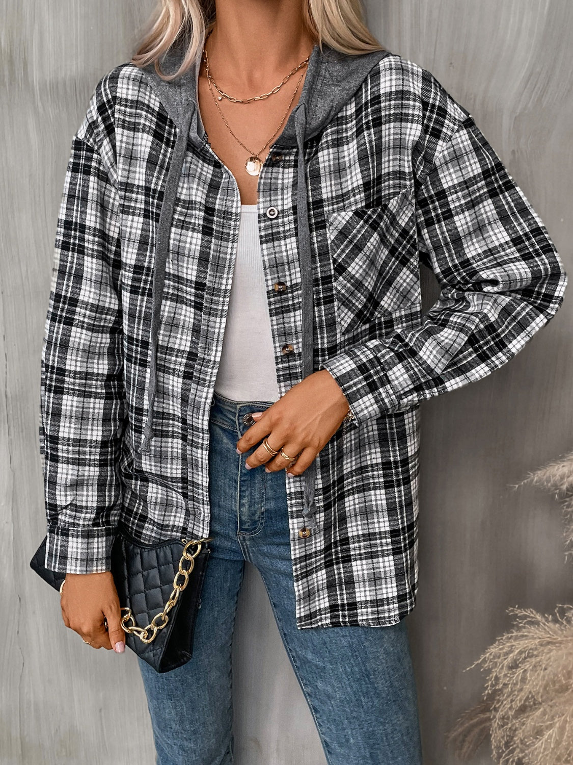 Plaid Long Sleeve Lightweight Hooded Jacket - T - 5 COLORS -