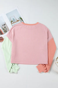 Thumbnail for Color Block Round Neck Long Sleeve Top - T - 3 COLORS -